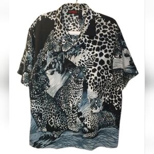 Y2k Camp Shirt Men XL Cat Pride Mama Leopard Cubs Black Button Front Vtg 90s AOP